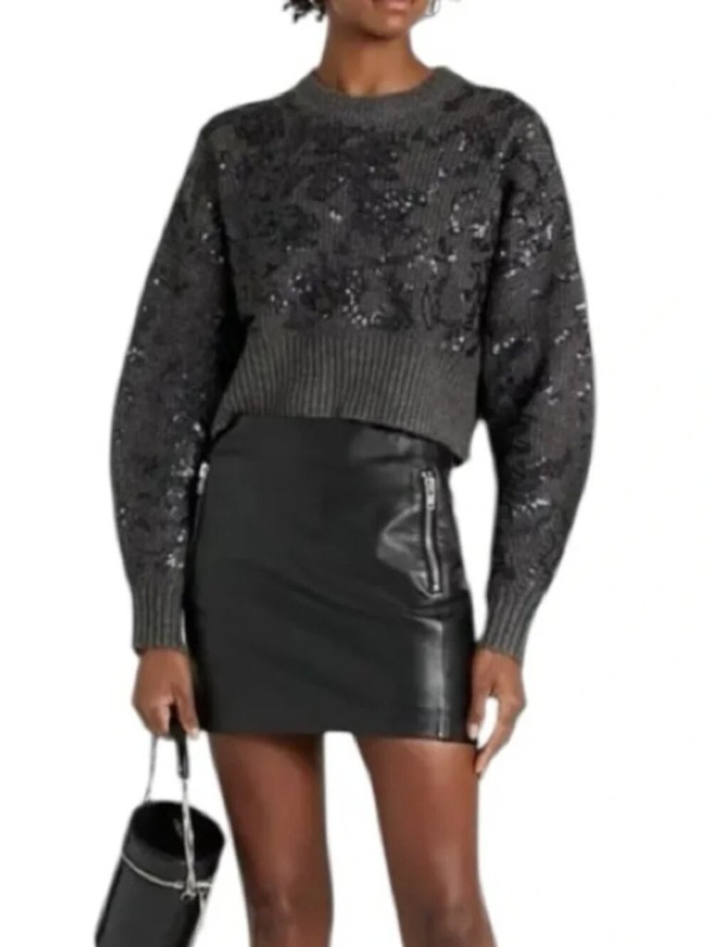 Rag & Bone Liza Dark Gray Embellished Sequin Oversized Cropped Sweater Wool XS